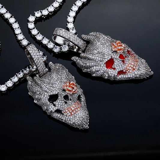 Evil Smile Skull Pendant Iced Out Cubic Zirconia Rose Flower Eye White Gold