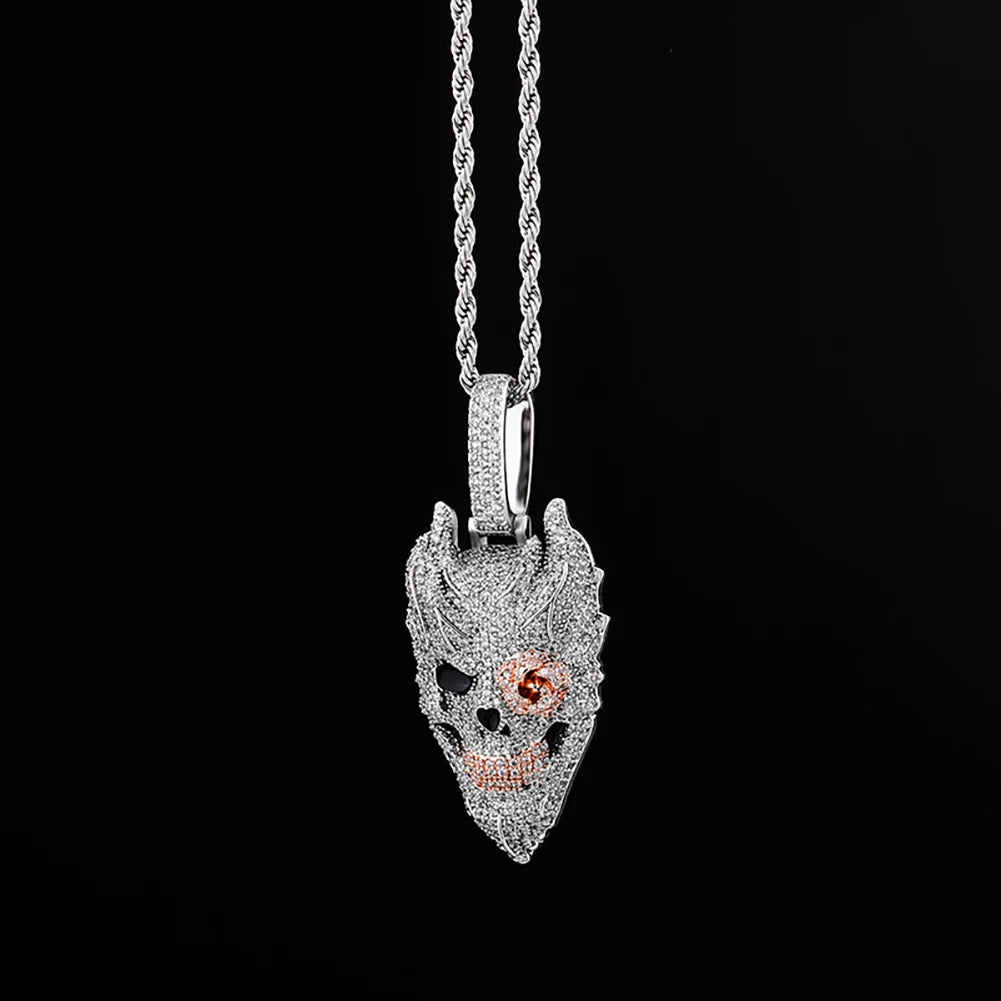 Evil Smile Skull Pendant Iced Out Cubic Zirconia Rose Flower Eye White Gold
