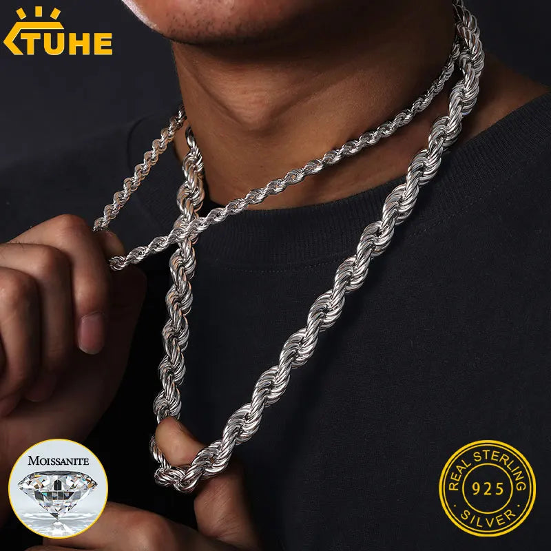 High Quality Rope Chain 6mm Necklace Moissanite 925 Silver For Men