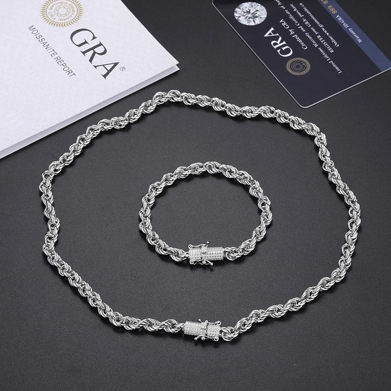 High Quality Rope Chain 6mm Necklace Moissanite 925 Silver For Men