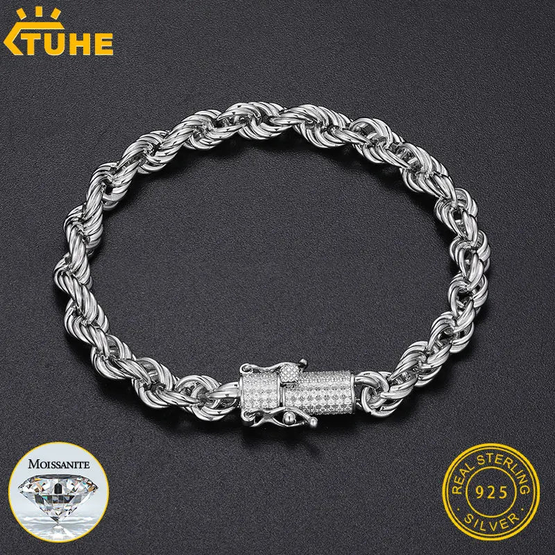 High Quality Rope Chain 6mm Necklace Moissanite 925 Silver For Men