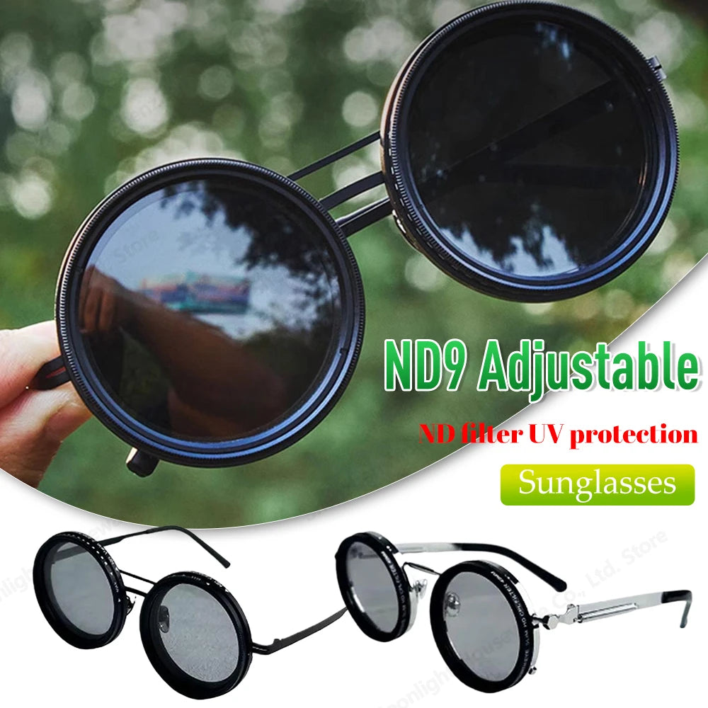 ND9 adjustable dimming Retro Punk round men's outdoor fishing UV400 polarized driving sunglasses