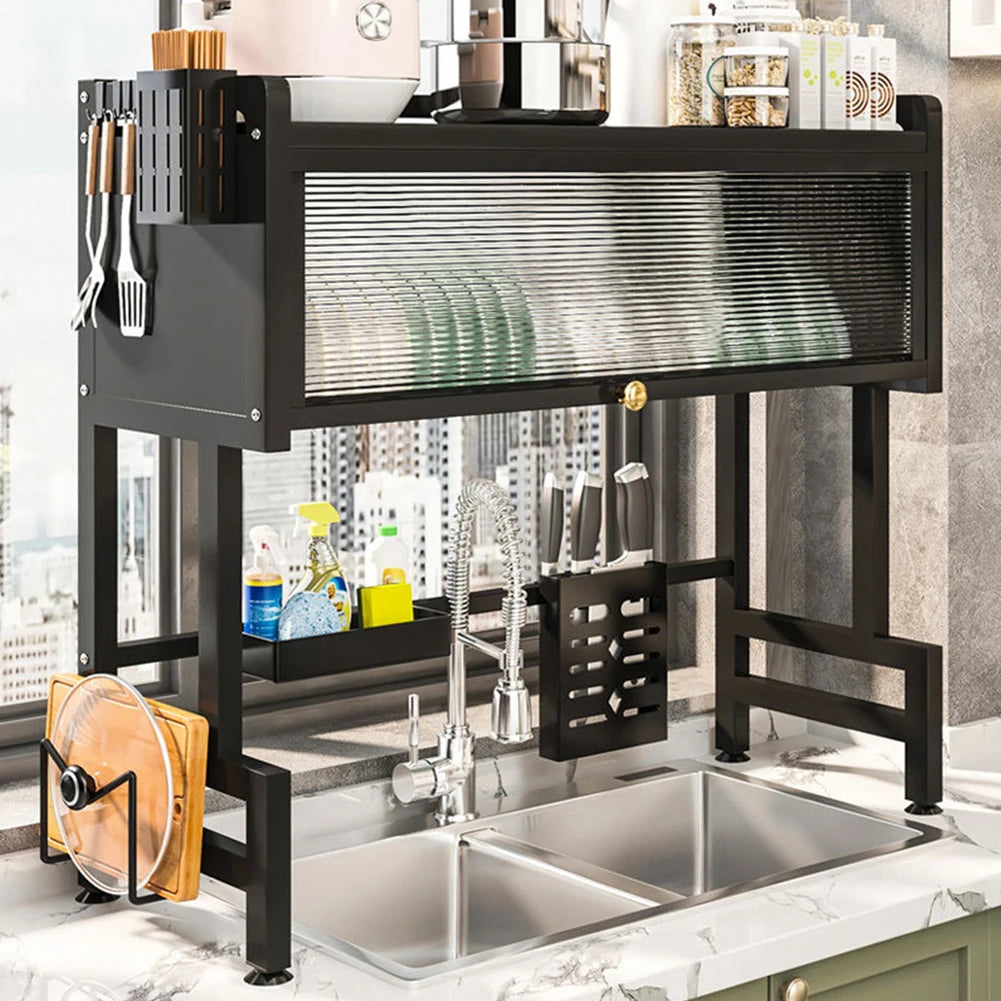 3-Tier Multi-Functional Kitchen Organizer Large Over The Sink Dish Rack with Cover